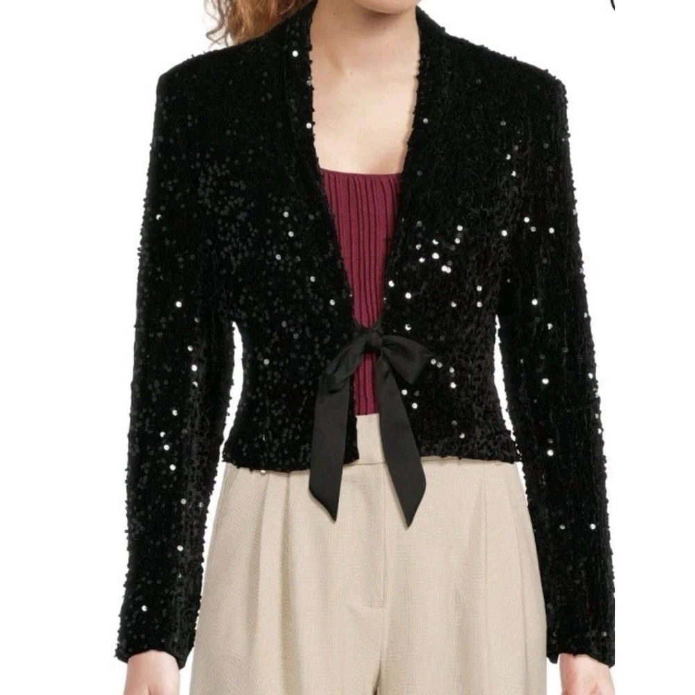Nanette Lepore Sequin-Embellished Front-Tie Jacket Size Medium Black Evening